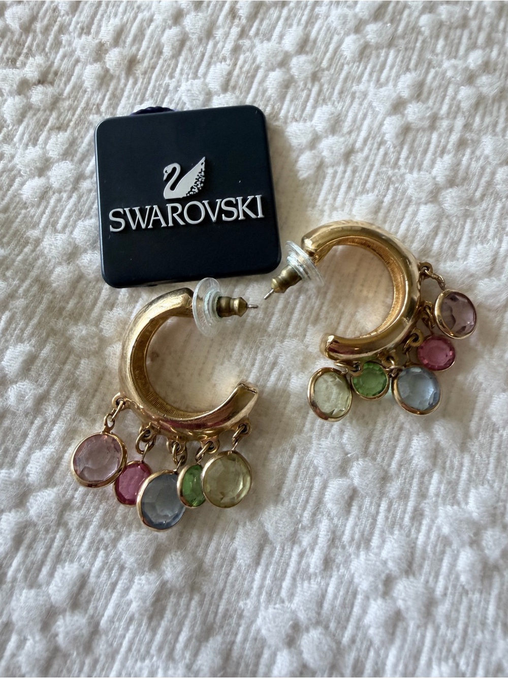 Swarovski Vintage Gold Hoop Earrings with Multicolor Crystal Drops